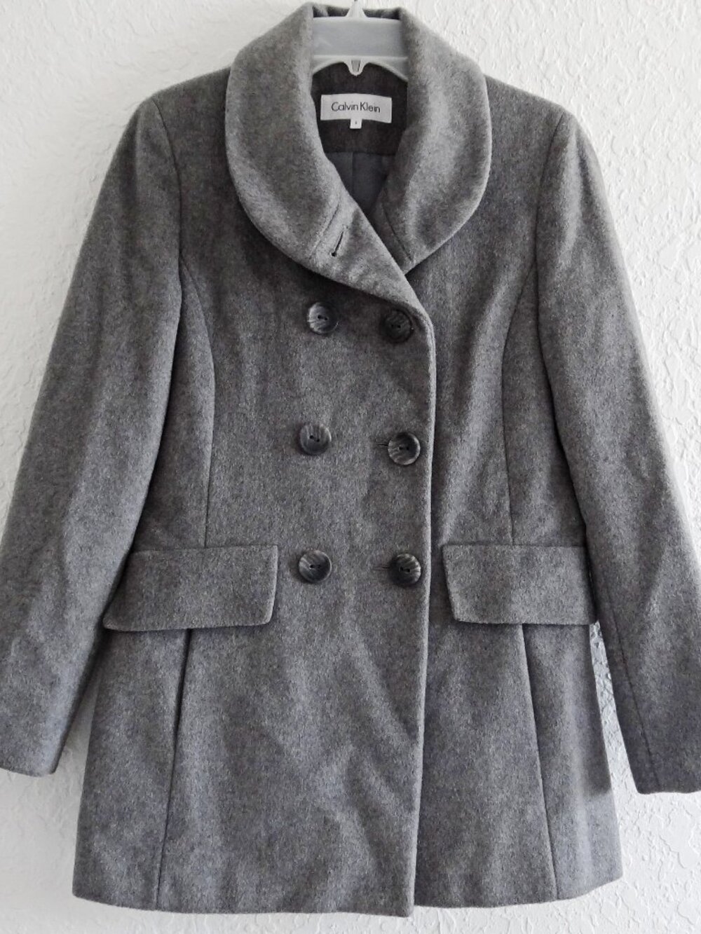 CALVIN KLEIN Women's Size 2 Double Breasted Wool Blend Gray Peacoat Shawl Collar